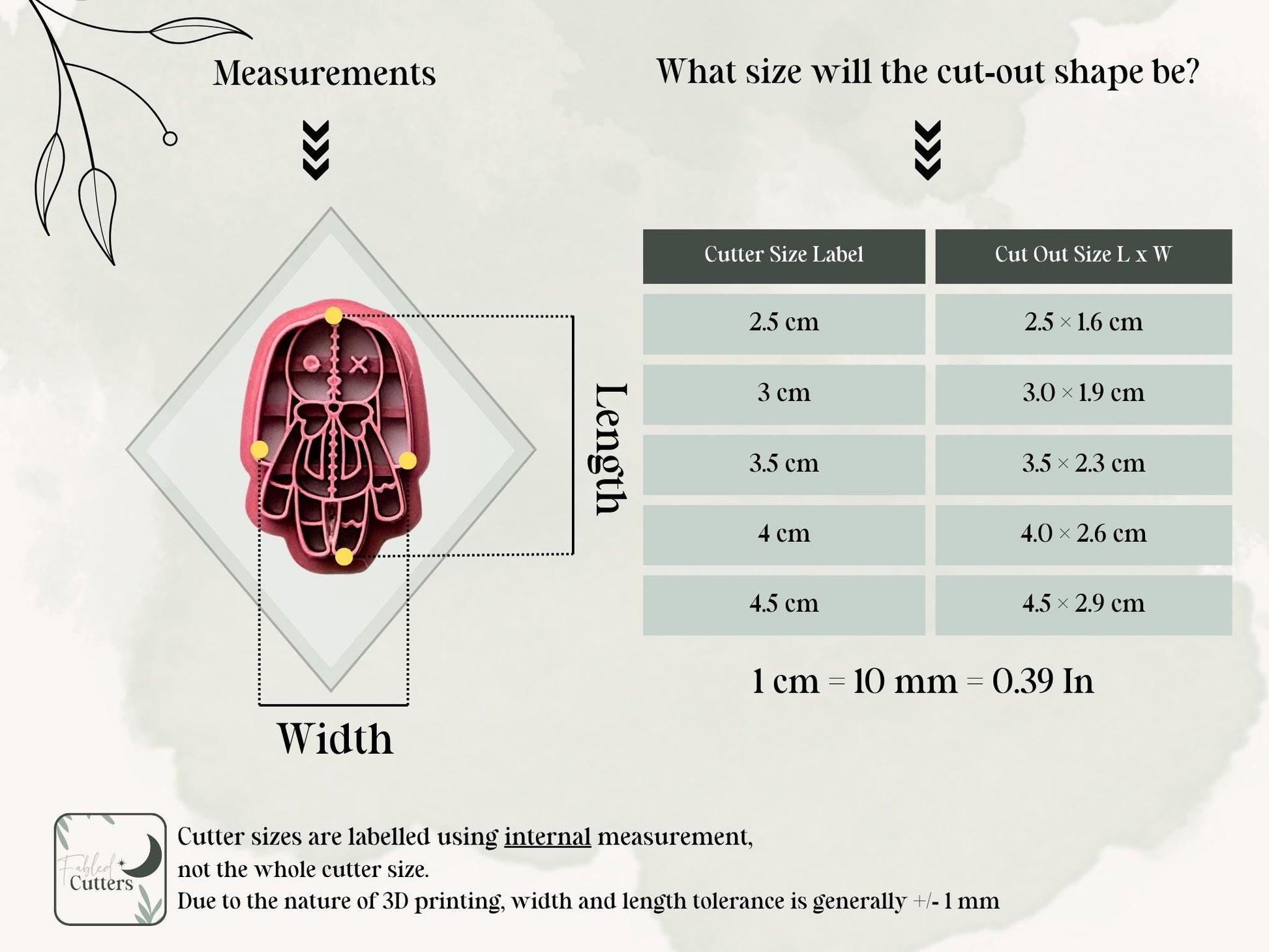 Spooky stitched rag doll polymer clay cutter size guide showing internal measurements and finished cut-out dimensions from 2.5 cm to 4.5 cm.