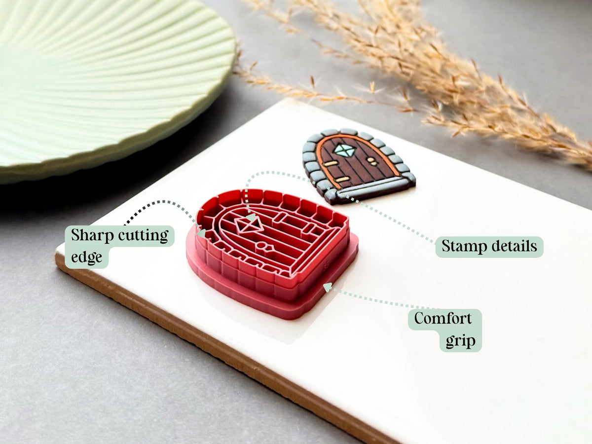 Fairy door clay cutter with labels showing a sharp cutting edge, stamp details, and comfort grip.