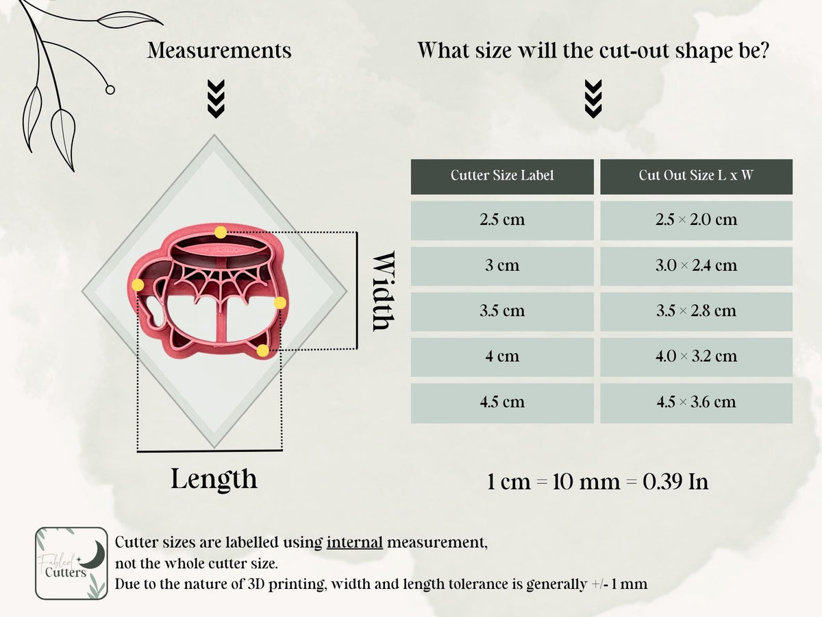Size guide for the Halloween cauldron clay cutter, showing the cutter’s internal measurements and finished polymer clay cut-out dimensions for available sizes from 2.5 cm to 4.5 cm.