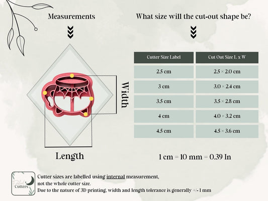 Size guide for the Halloween cauldron clay cutter, showing the cutter’s internal measurements and finished polymer clay cut-out dimensions for available sizes from 2.5 cm to 4.5 cm.