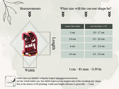 Size guide for the gothic angel clay cutter, showing the cutter’s longest internal measurements and finished polymer clay cut-out dimensions for available sizes from 3 cm to 4.5 cm.