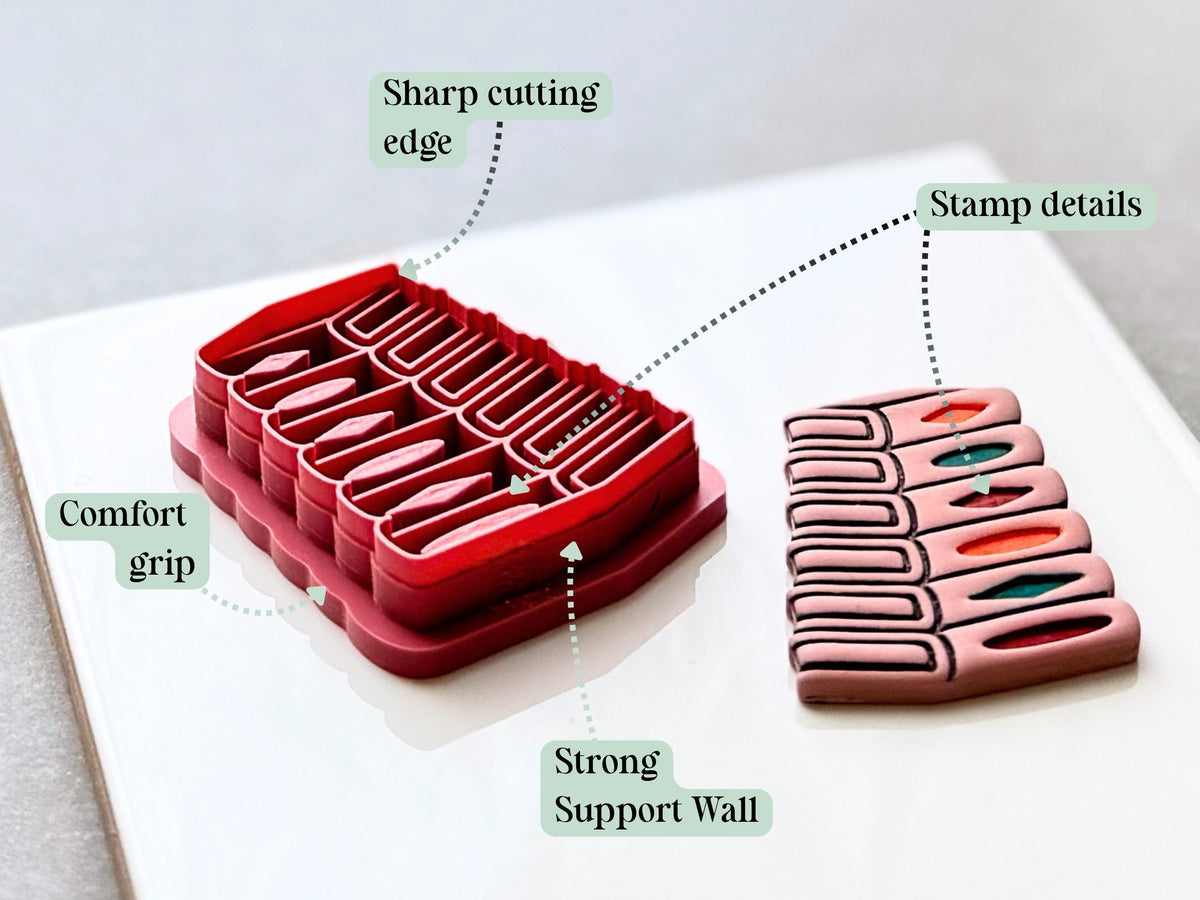 Feature graphic showing a stack of books clay cutter beside a finished polymer clay book stack with colourful spine accents. Labels highlight the sharp cutting edge, stamp details, strong support wall and comfortable grip.
