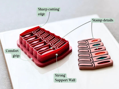 Feature graphic showing a stack of books clay cutter beside a finished polymer clay book stack with colourful spine accents. Labels highlight the sharp cutting edge, stamp details, strong support wall and comfortable grip.