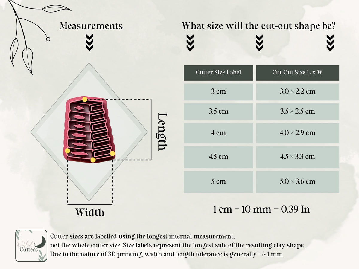Size guide for the stack of books clay cutter, showing the cutter’s longest internal measurements and finished polymer clay cut-out dimensions for available sizes from 3 cm to 5 cm.