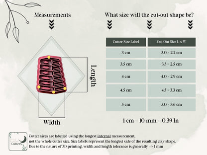 Size guide for the stack of books clay cutter, showing the cutter’s longest internal measurements and finished polymer clay cut-out dimensions for available sizes from 3 cm to 5 cm.