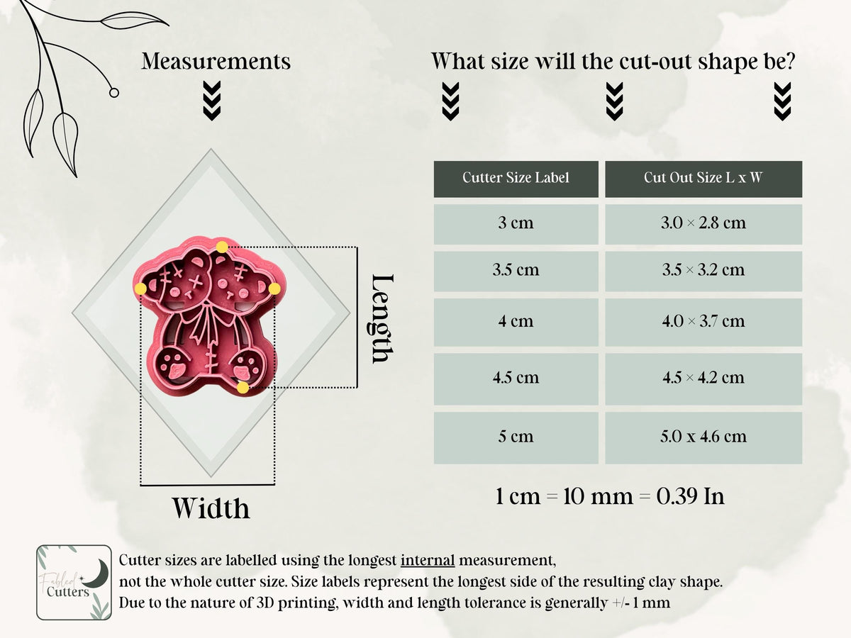 Size guide for the two-headed Halloween teddy bear clay cutter, showing the cutter’s longest internal measurements and the finished polymer clay cut-out dimensions for all available sizes.