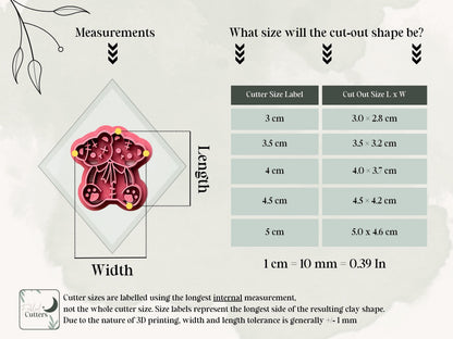 Size guide for the two-headed Halloween teddy bear clay cutter, showing the cutter’s longest internal measurements and the finished polymer clay cut-out dimensions for all available sizes.