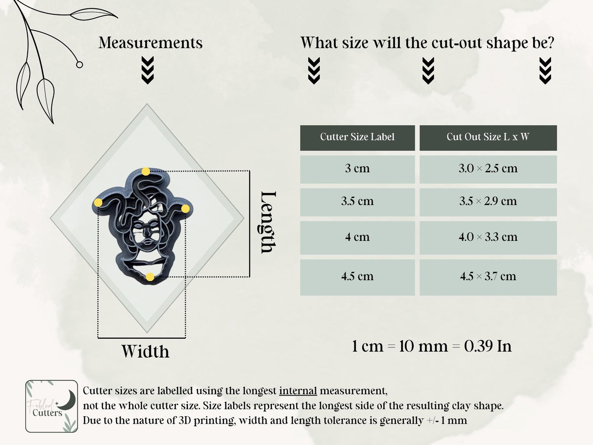 Size guide for the Medusa clay cutter, showing the cutter’s longest internal measurements and finished polymer clay cut-out dimensions for available sizes from 3 cm to 4.5 cm.