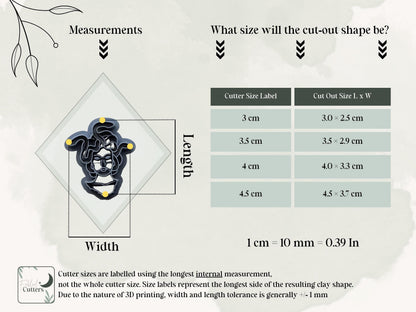 Size guide for the Medusa clay cutter, showing the cutter’s longest internal measurements and finished polymer clay cut-out dimensions for available sizes from 3 cm to 4.5 cm.