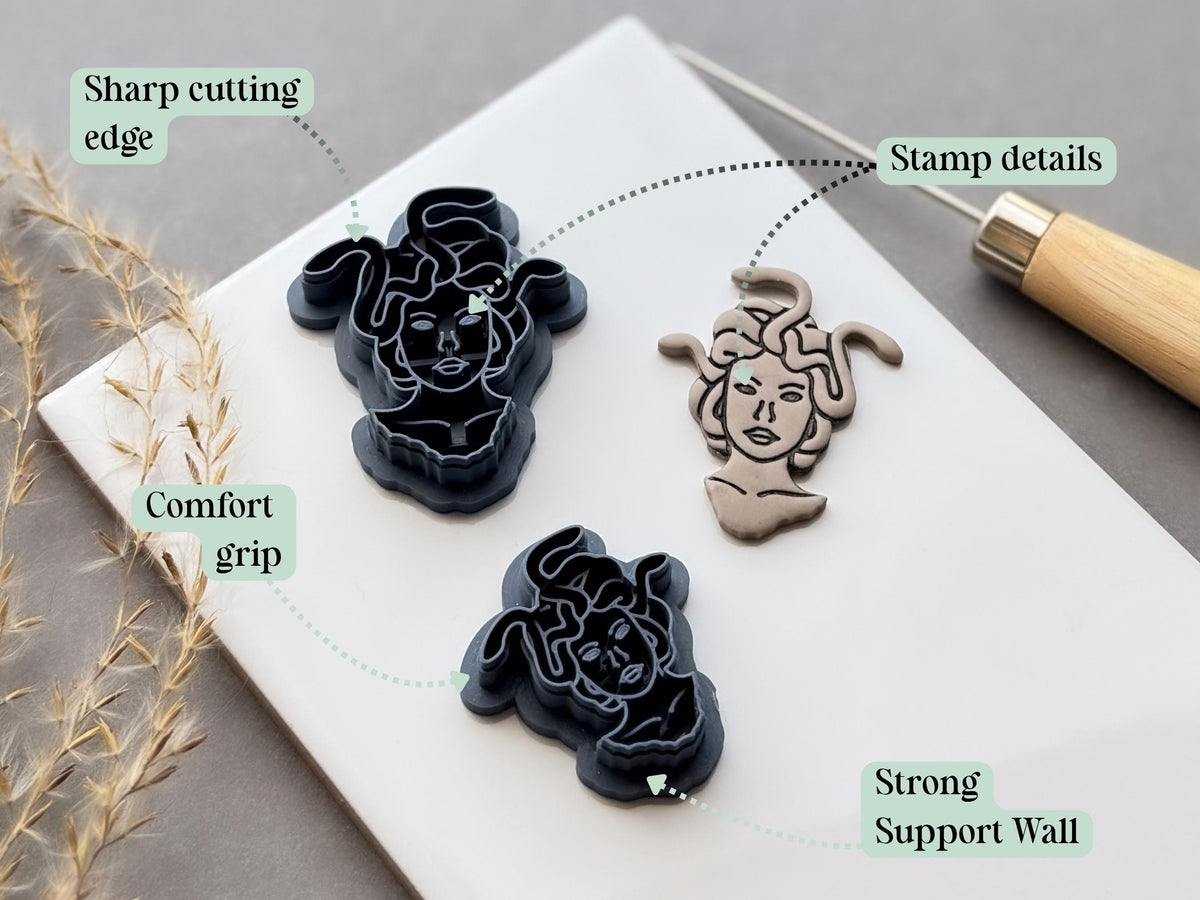 Feature graphic showing Medusa head clay cutters alongside a finished cream polymer clay Medusa cut-out. Labels highlight the sharp cutting edge, detailed stamp design, comfortable grip and strong support wall.