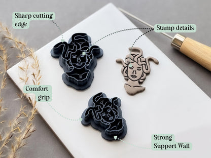 Feature graphic showing Medusa head clay cutters alongside a finished cream polymer clay Medusa cut-out. Labels highlight the sharp cutting edge, detailed stamp design, comfortable grip and strong support wall.