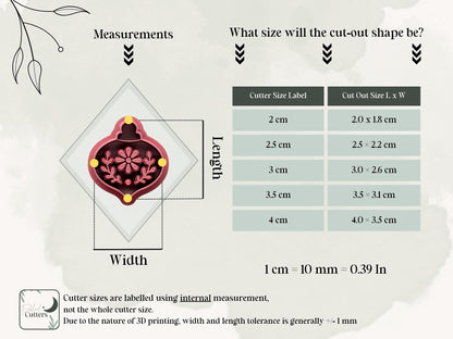 Size guide for the floral Christmas bauble clay cutter, showing the cutter’s longest internal measurements and finished polymer clay cut-out dimensions for available sizes from 2 cm to 4 cm.