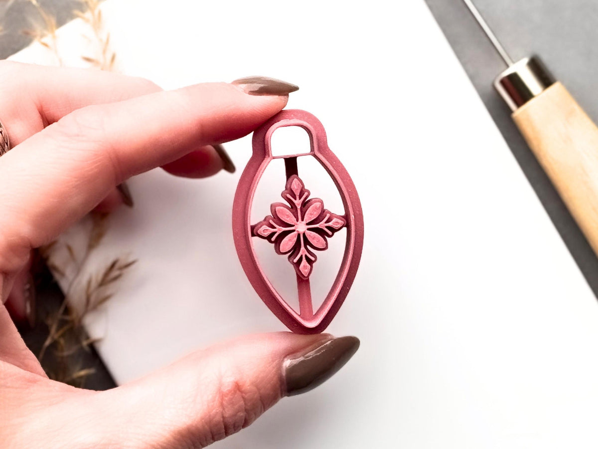Long Finial Christmas Bauble Clay Cutter, Folk Art Snowflake Patterned Winter Ornament Shape-Winter Clay Cutters