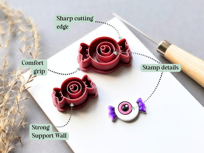 Feature graphic showing two eyeball candy clay cutters in different sizes beside a finished polymer clay eyeball candy. Labels highlight the sharp cutting edge, detailed stamp design, comfortable grip and strong support wall.