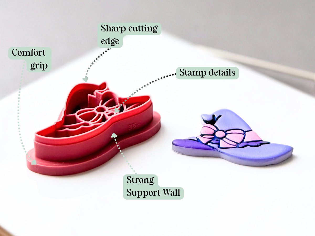 Feature graphic showing a witch’s hat clay cutter with a decorative bow and ribbon details, alongside a finished purple polymer clay witch’s hat. Labels highlight the sharp cutting edge, stamp details, strong support wall and comfortable grip.