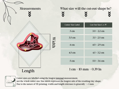 Size guide for the witch’s hat clay cutter, showing the cutter’s longest internal measurements and finished polymer clay cut-out dimensions for available sizes from 3 cm to 5 cm.