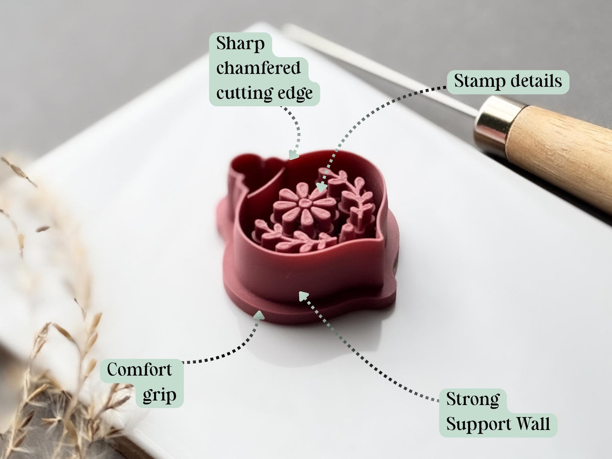 Feature graphic showing the floral Christmas bauble clay cutter, with labels highlighting the sharp chamfered cutting edge, detailed floral stamp, comfortable grip and strong support wall.