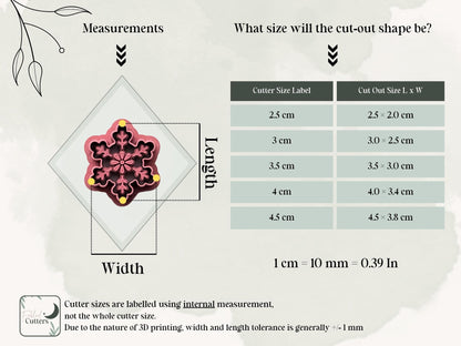 Size guide for the snowflake polymer clay cutter, showing the internal cutter measurements and finished clay cut-out dimensions for all available sizes from 2.5 cm to 4.5 cm.