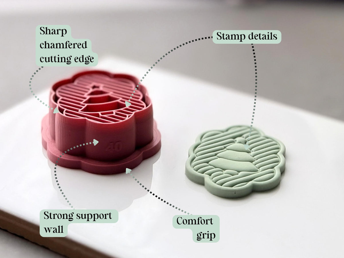 Feature graphic highlighting the Christmas tree polymer clay cutter’s detailed layered tree and striped stamp design, sharp chamfered cutting edge, comfortable grip and strong support wall, shown beside a matching finished clay cut-out.