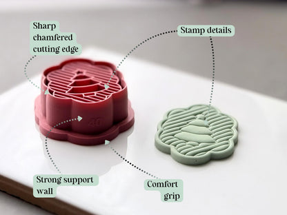 Feature graphic highlighting the Christmas tree polymer clay cutter’s detailed layered tree and striped stamp design, sharp chamfered cutting edge, comfortable grip and strong support wall, shown beside a matching finished clay cut-out.