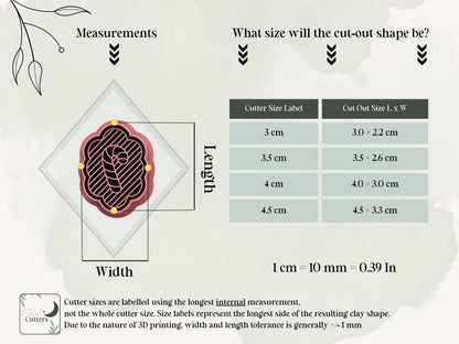 Size guide for the Christmas candy cane polymer clay cutter, showing the internal cutter measurements and finished clay cut-out dimensions for all available sizes from 3 cm to 4.5 cm.