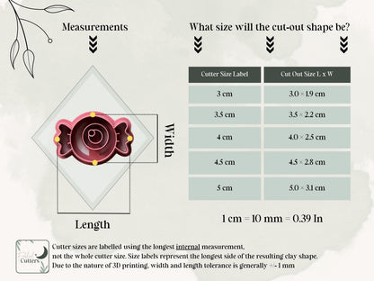 Size guide for the eyeball candy clay cutter, showing the cutter’s longest internal measurements and finished polymer clay cut-out dimensions for available sizes from 3 cm to 5 cm.