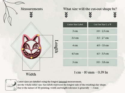 Size guide for the stained glass style cat face clay cutter, showing the cutter’s longest internal measurements and finished polymer clay cut-out dimensions for available sizes from 3 cm to 5 cm.
