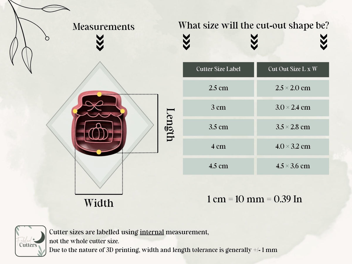 Size guide for the Halloween pumpkin jar polymer clay cutter, showing internal cutter measurements and finished clay cut-out dimensions for all available sizes from 2.5 cm to 4.5 cm.