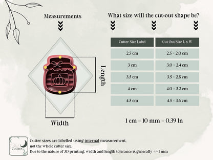 Size guide for the Halloween pumpkin jar polymer clay cutter, showing internal cutter measurements and finished clay cut-out dimensions for all available sizes from 2.5 cm to 4.5 cm.