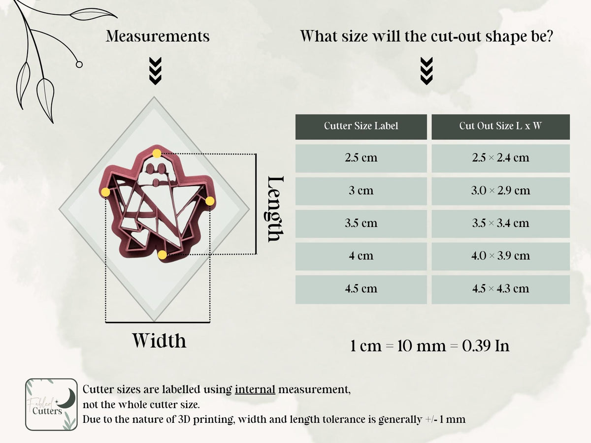 Size guide for the origami ghost clay cutter, showing the cutter’s longest internal measurements and finished polymer clay cut-out dimensions for available sizes from 2.5 cm to 4.5 cm.