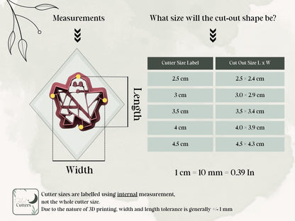 Size guide for the origami ghost clay cutter, showing the cutter’s longest internal measurements and finished polymer clay cut-out dimensions for available sizes from 2.5 cm to 4.5 cm.