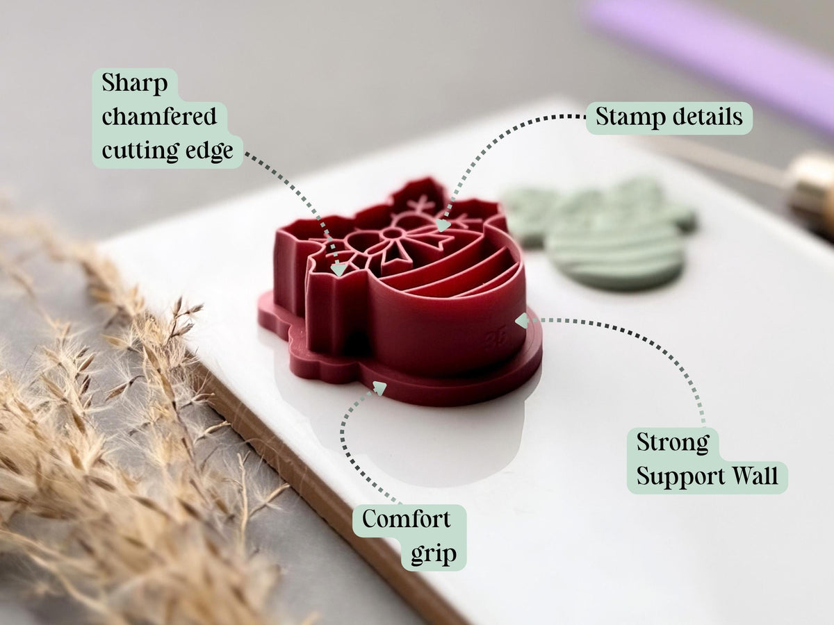 Feature graphic highlighting the Christmas bauble polymer clay cutter’s detailed snowflake bow and striped bauble stamp, sharp chamfered cutting edge, comfortable grip and strong support wall.