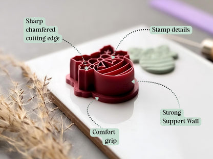Feature graphic highlighting the Christmas bauble polymer clay cutter’s detailed snowflake bow and striped bauble stamp, sharp chamfered cutting edge, comfortable grip and strong support wall.