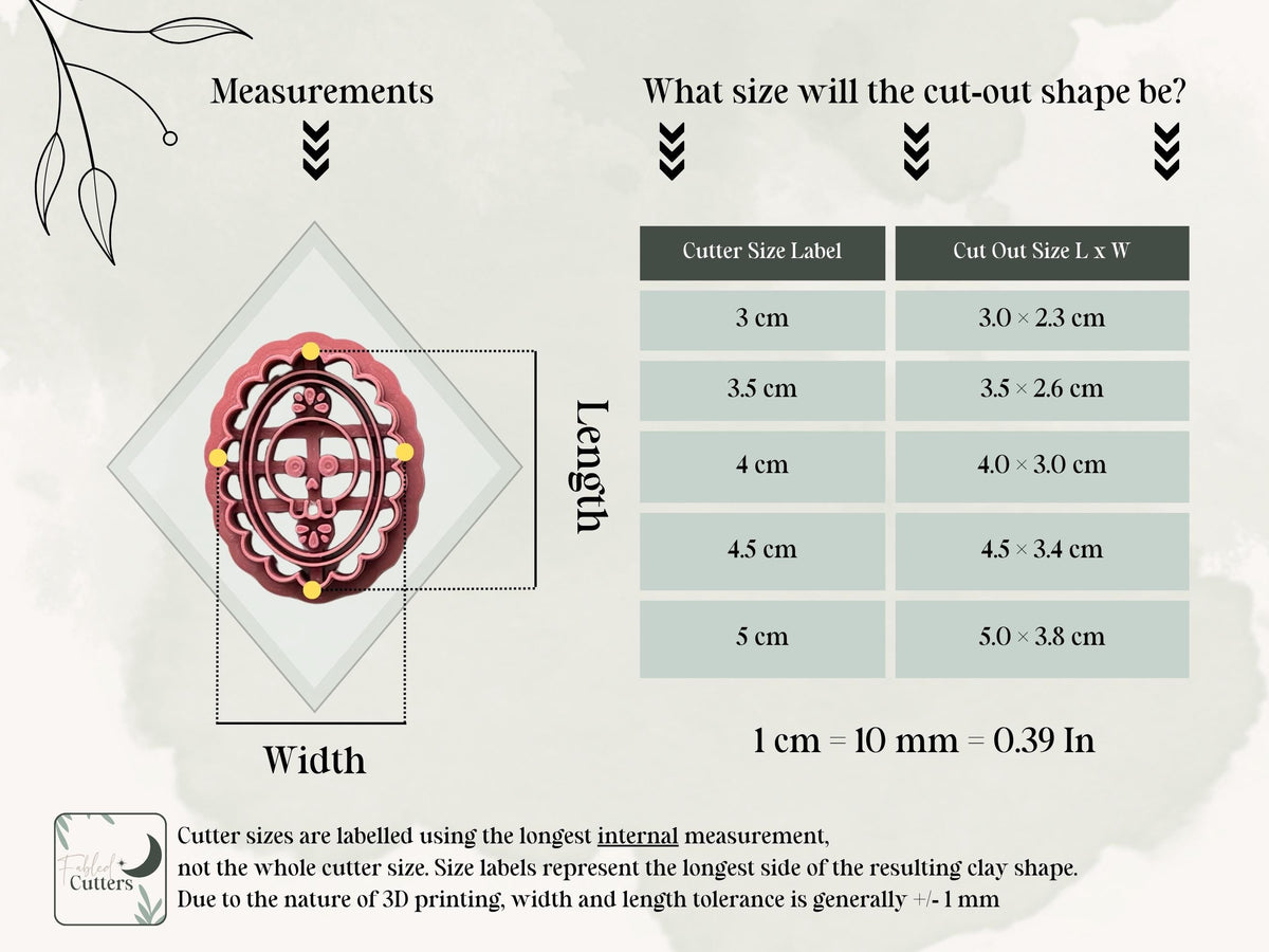Size guide for the gothic skull cameo polymer clay cutter, showing the internal cutter measurements and finished clay cut-out dimensions for all available sizes, from 3 cm to 5 cm.