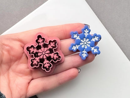 Snowflake polymer clay cutter held in a hand beside a matching finished clay cut-out, featuring a detailed six-point snowflake with floral and branch-like decorative details.