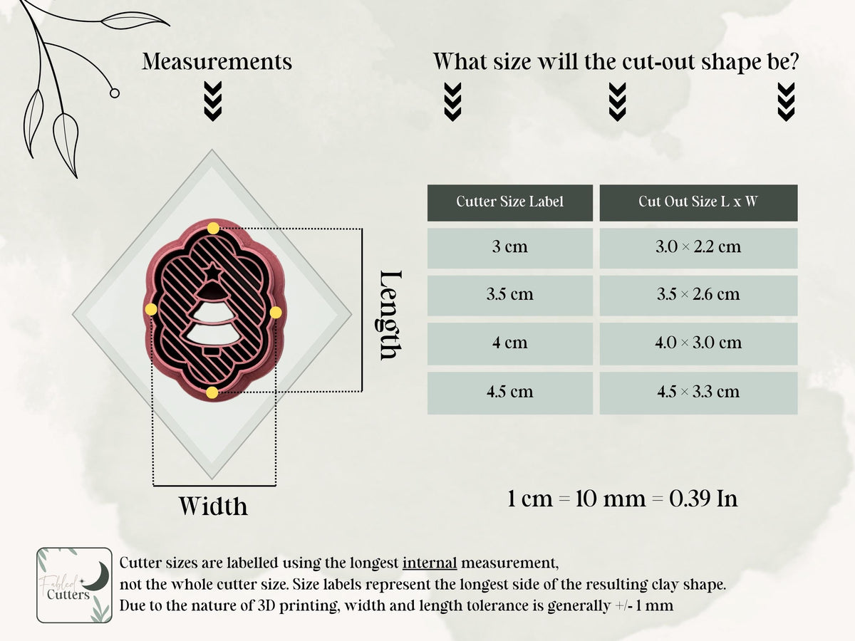 Size guide for the Christmas tree polymer clay cutter, showing the internal cutter measurements and finished clay cut-out dimensions for all available sizes from 3 cm to 4.5 cm.