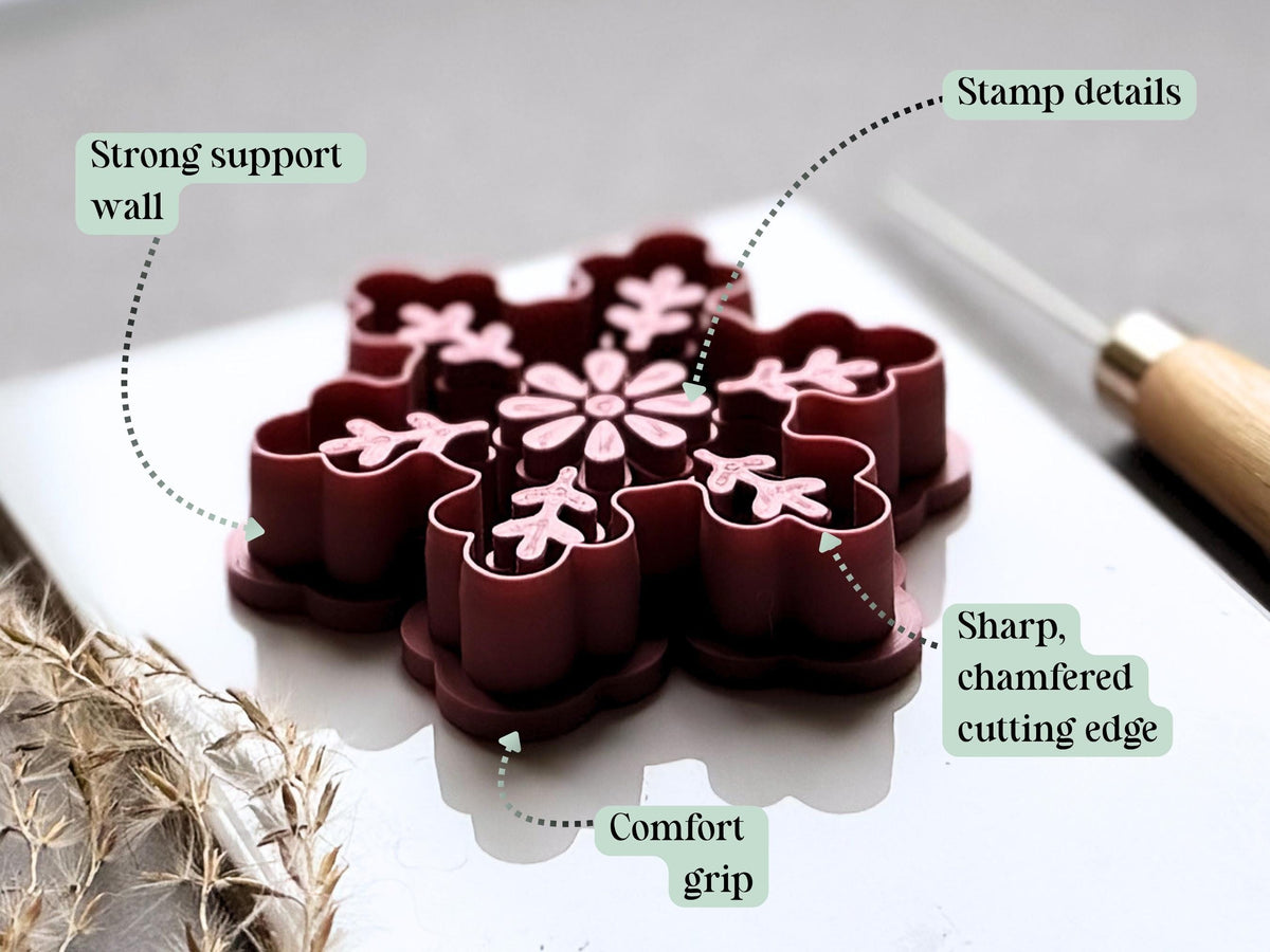 Large snowflake polymer clay ornament cutter feature graphic highlighting the detailed central flower and six decorative branches, strong support wall, sharp chamfered cutting edge and comfortable grip.
