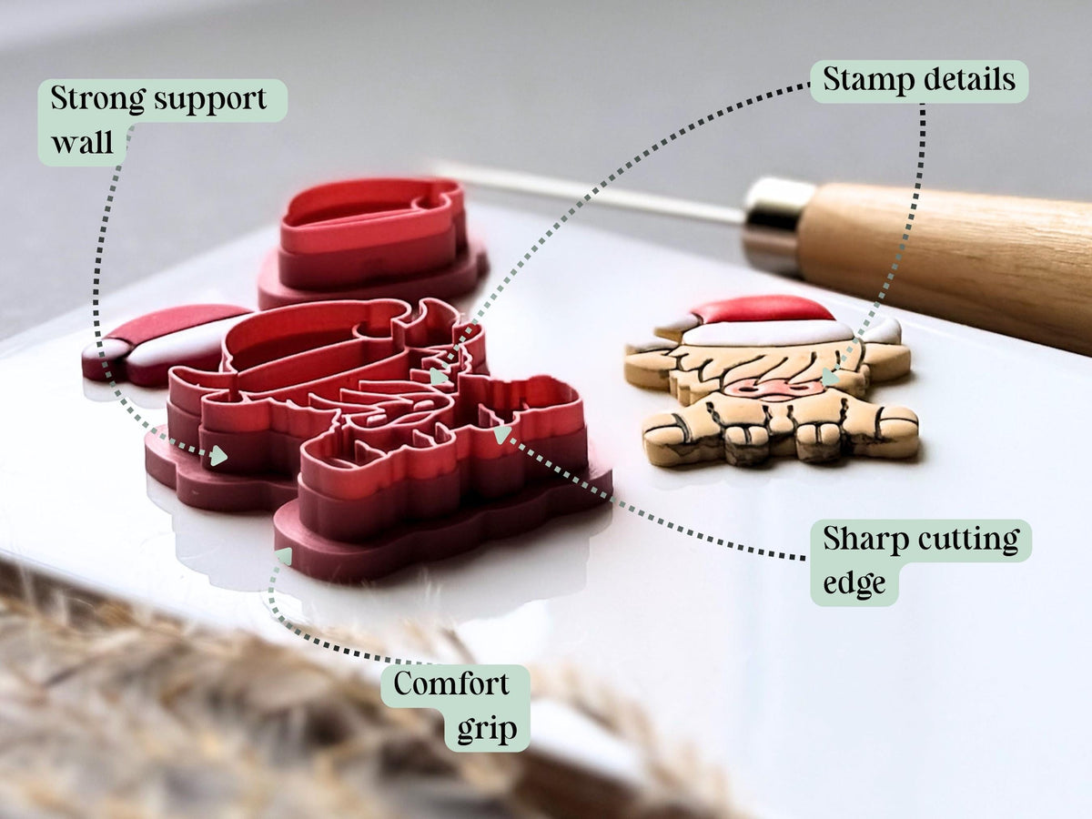 Feature graphic highlighting the Highland cow Christmas polymer clay cutter set’s sharp cutting edge, detailed stamp imprint, strong support wall and comfortable grip, shown beside the finished clay Highland cow wearing a Santa hat.