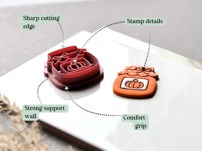 Feature graphic highlighting the Halloween pumpkin jar polymer clay cutter’s sharp cutting edge, detailed striped jar and pumpkin stamp design, strong support wall and comfort grip, shown beside the matching finished clay embellishment.