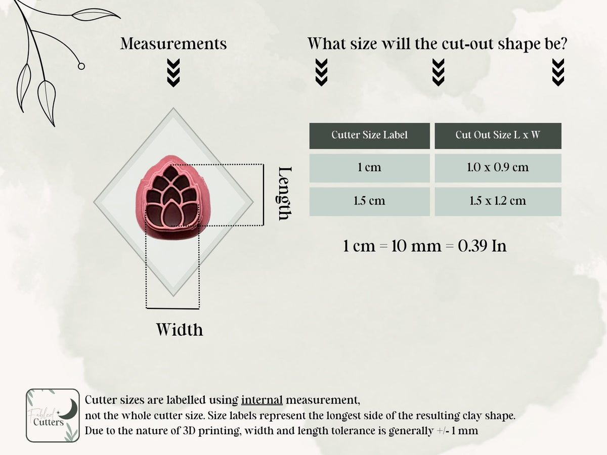 Size guide for the pine cone polymer clay stamp cutter showing internal cutter measurements and the finished clay cut-out dimensions for both available sizes.
