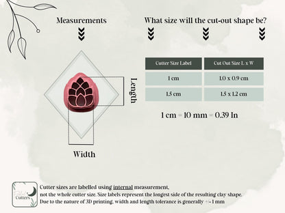 Size guide for the pine cone polymer clay stamp cutter showing internal cutter measurements and the finished clay cut-out dimensions for both available sizes.