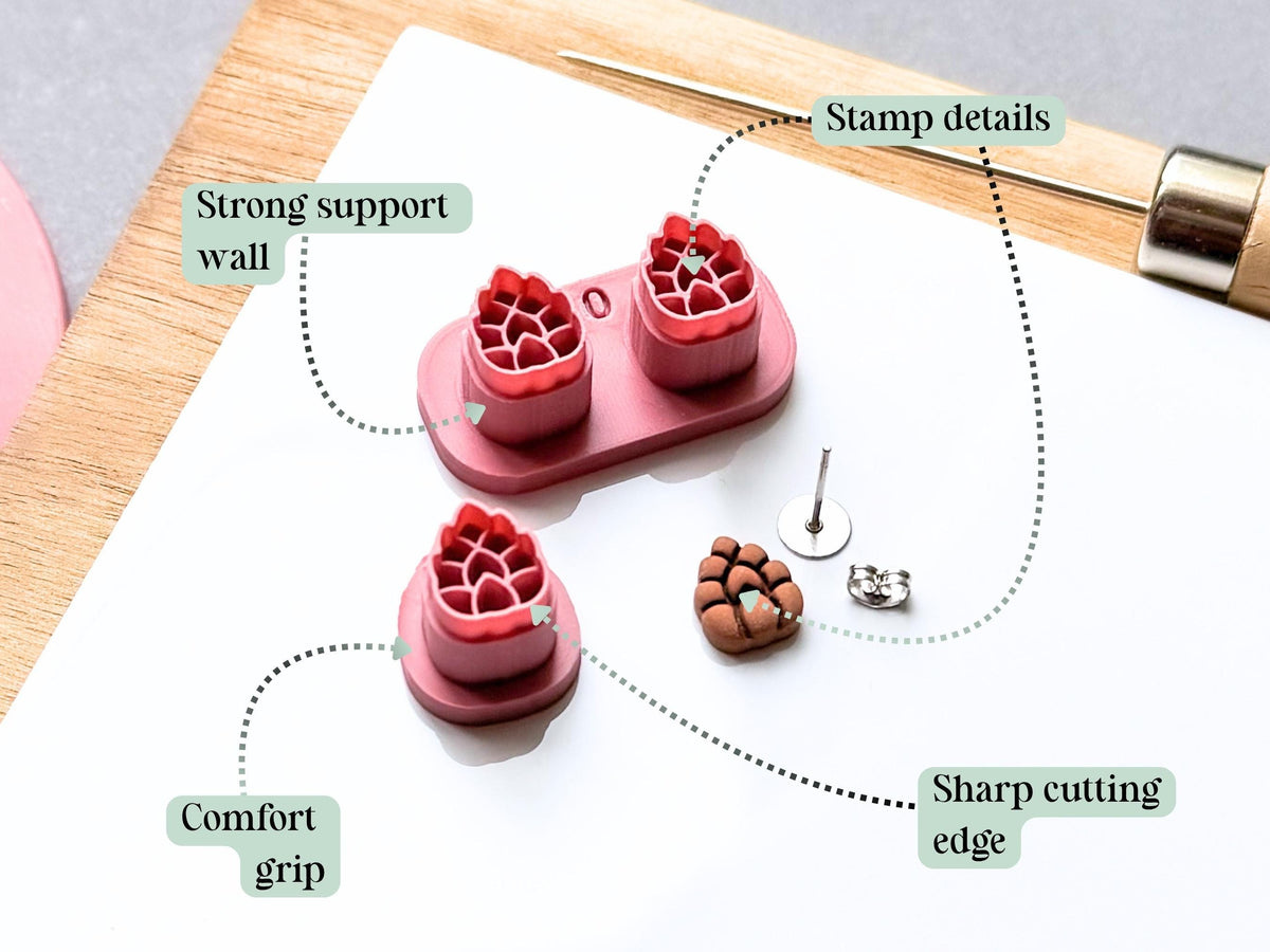 Feature graphic highlighting the pine cone polymer clay stamp cutter set’s detailed scale imprint, sharp cutting edge, strong support wall and comfortable grip, shown alongside a finished clay pine cone embellishment and metal earring findings.