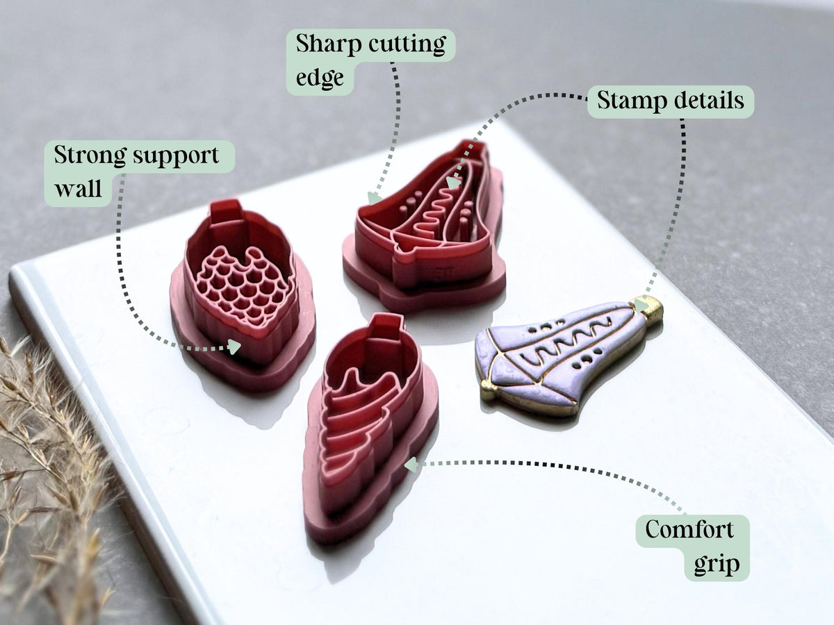Feature graphic highlighting the Christmas bauble polymer clay cutters' detailed scale, spiral and wavy stamp designs, sharp cutting edges, strong support walls and comfortable grip, shown beside a matching finished bell-shaped clay embellishment.