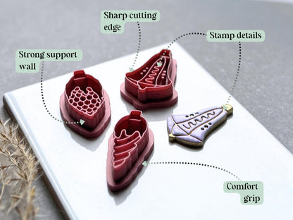 Feature graphic highlighting the Christmas bauble polymer clay cutters' detailed scale, spiral and wavy stamp designs, sharp cutting edges, strong support walls and comfortable grip, shown beside a matching finished bell-shaped clay embellishment.