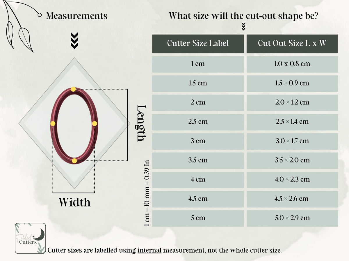 Size guide for the oval polymer clay cutters showing internal cutter measurements and the finished clay cut-out dimensions for all nine available sizes, from 1 cm to 5 cm.