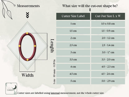 Size guide for the oval polymer clay cutters showing internal cutter measurements and the finished clay cut-out dimensions for all nine available sizes, from 1 cm to 5 cm.