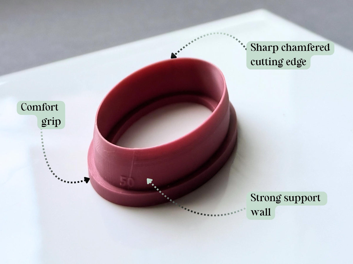 Feature graphic highlighting the oval polymer clay cutter’s sharp chamfered cutting edge, strong support wall and comfortable grip, with the internal size marking displayed on the cutter.