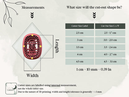 Jellyfish polymer clay cutter size chart showing available cutter sizes from 2.5 cm to 4.5 cm and corresponding finished polymer clay jellyfish dimensions, with cutter sizes measured by the internal cutting edge.