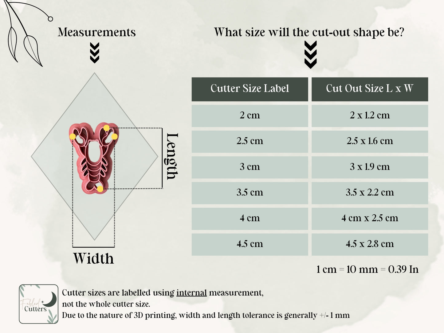 Measurement chart for cut-out shapes with 3D printed object illustration