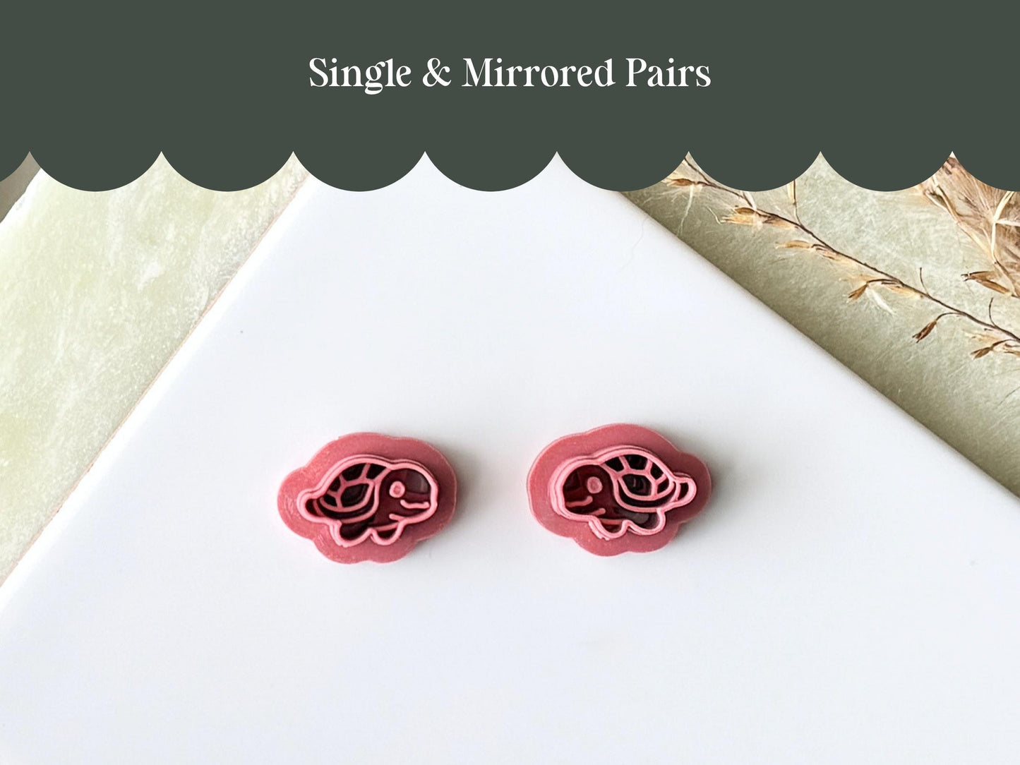 Mirrored pair sea turtle clay cutters 1.5 cm, PLA+ plastic, made in UK studio